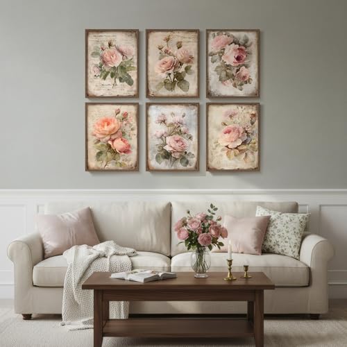 Framed Vintage Floral Wall Art, Set of 6 Boho Pink Rose Flower Canvas Painting Prints Artwork for Rustic Farmhouse, Retro Botanical Pictures for Bedroom Living Room Office Home Decor, 11x14 - color: Rose - Walnut Framed, size: 11" W x 14" H x 6Pcs