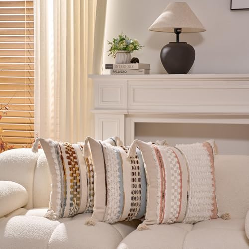 Boho Throw Pillow Covers 18x18 in Chenille Striped Textured Pillow Cover Farmhouse Decoration Striped Square Tassels Woven Pillowcase for Couch Bed Sofa Bedroom Living Room,Brown(Pack of 1) - color: White-brown Stripe Pack of 1, size: 18" x 18" (Pack of 1