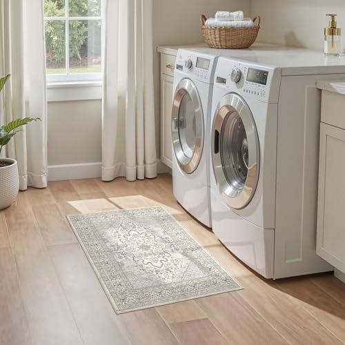 Tortania Area Rug 2x3 Doormat - Washable Vintage Oriental Farmhouse Soft Thin Indoor Carpet for Living Room Bedroom Hallway Entryway Kitchen - Beige Linen - color: Beige Linen, size: 2' x 3' (Rectangular)