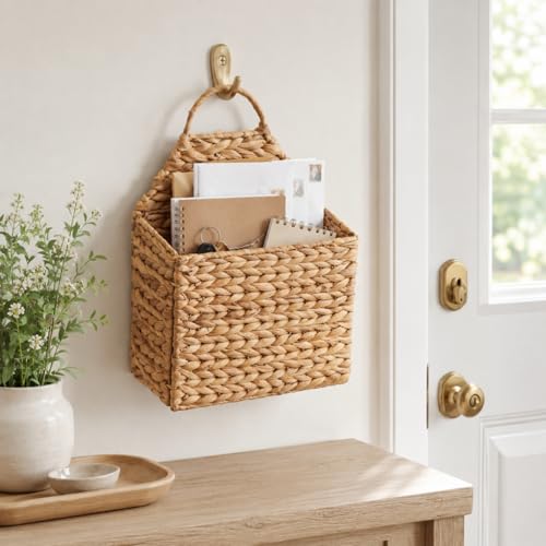Hanging Wall Basket - Flat Back Woven Storage Organizer for Mail, Books, and Magazines - Decorative Wall Hanging Basket Decor for Front Door, Entryway, and Farmhouse Home Decor, Beige