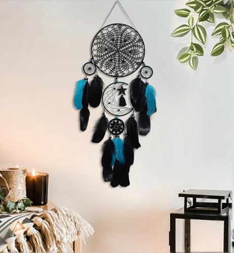 5 Pack Black Teal Dream Catchers Wall Decor Moon and Sun Feather Handmade Traditional Dreamcatchers Large Boho Macrame Wall Hanging for Bedroom Adult Native American Decor Bohemian Decorations - color: Black Teal