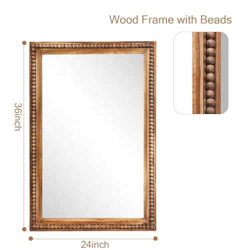 ULIKE Rectangular Wood Mirror with Natural Wooden Bead Frame, 24x36 Inch Rustic Farmhouse Wall Mirror for Bathroom Nursery Bedroom Living Room Brown - color: A Bead Rustic Brown