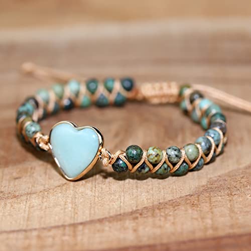 Women Boho Wrap Bracelet,Handmade Natural Stone Crystal Emperor Beads Heart Bracelet, Fashion Bohemian Jewelry Gift for Women - color: African Turquoise 2#