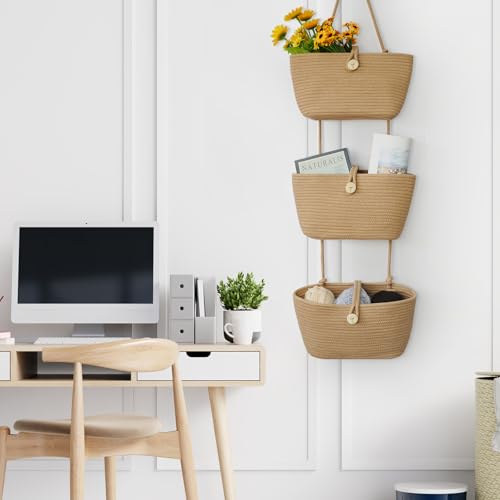TeoKJ Over the Door Hanging Baskets with Wooden Button, 3-Tier Woven Cotton Storage Organizer Bag, Wall-Mounted with Hook Decorative Hanging Nursery Baskets, Jute - color: Jute, style: 3 tier+Wooden Button