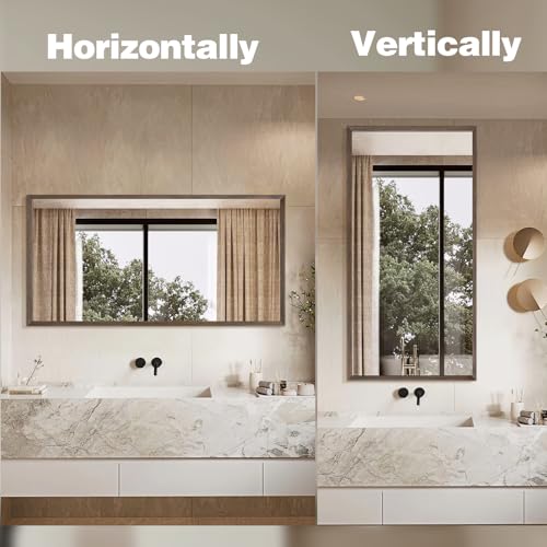 Walnut Wood Bathroom Mirrors for Wall Mounted, 48" x 24" Rectangle Rustic Wood Framed Wall Mirror, Decorative Farmhouse Mirror for Bathroom, Bedroom, Entryway, Horizontally/Vertically - color: Walnut, size: 48"L x 24"W