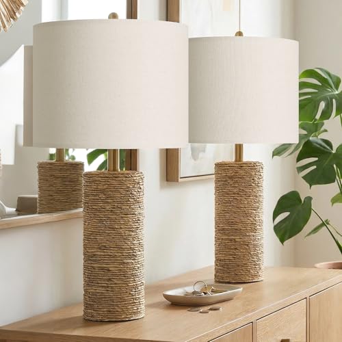BOBOMOMO Boho Lamps Set of 2, 25.5" Coastal Farmhouse Bedside Lamps, Resin Woven Rattan-Look Nightstand Lamps with Linen Shade & Rotary Switch for Bedroom Living Room Home Decor