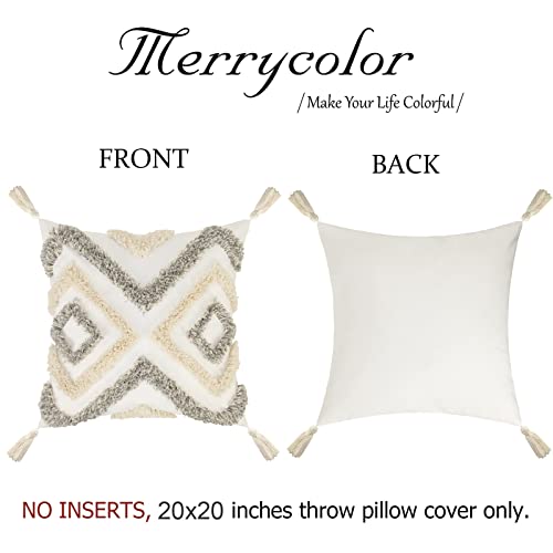 Merrycolor White Grey Boho Pillow Covers 20x20 with Tassels Tufted Decorative Gray Throw Pillows Neutral Modern Accent Pillowcase Farmhouse Square Cushion Covers for Couch Sofa Bedroom Living Room - color: Grey and White 1, size: 20" x 20" (Pack of 1)