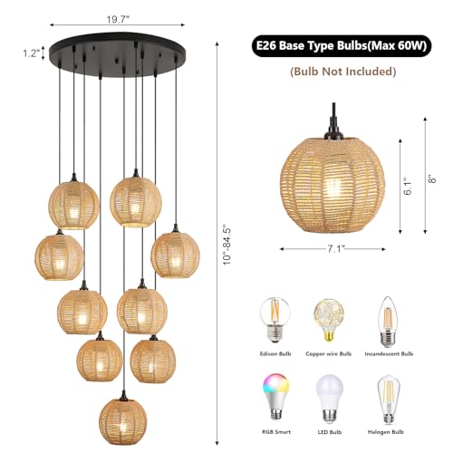 Round 9 Light Boho Pendant Light Rattan Hanging Lamp Hand Woven Wicker Small Chandelier Hanging Lights Fixture for Bedroom Kitchen Hallway Foyer - size: Round 9 Lights