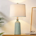 JUNNAI Green Ceramic Table Lamp 24.5": 3-Way Dimmable Nightstand Lamp with White Drum Lamp Shade | Modern Bedside Lamp for Bedrooms & Living Room (Bulb Included) - color: Blue Green