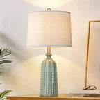JUNNAI Green Ceramic Table Lamp 24.5": 3-Way Dimmable Nightstand Lamp with White Drum Lamp Shade | Modern Bedside Lamp for Bedrooms & Living Room (Bulb Included) - color: Blue Green