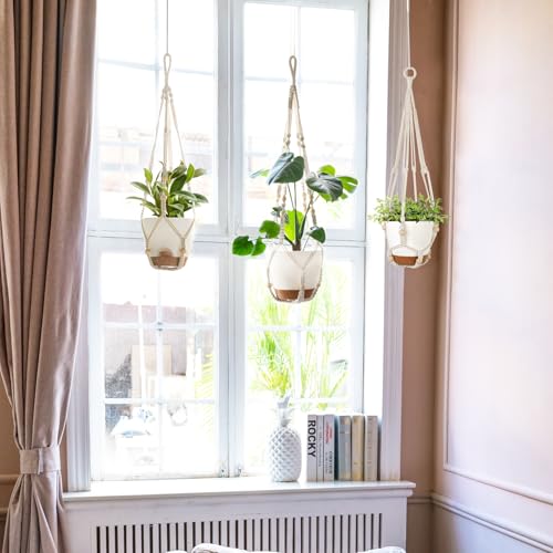 Mkono 3 Pack Hanging Planters for Indoor Plants with Self Watering, Outdoor Hanging Plant Pots with 35"/29"/23" Macrame Plant Hangers, 2 Types of Hanging Baskets for Garden Home Decor - color: Ivory