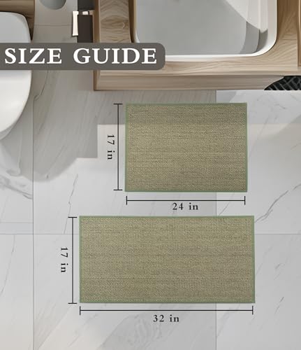 YIHOUSE Bathroom Rugs Sets 2 Pieces, Green Ultra Thin Bath Mats Fit Under Door, Absorbent Quickly Dry Rubber Backing Braided Bath Mat Set, Non Slip Washable Bath Rugs for Bathroom Floor, Green - color: Green, size: 2pieces