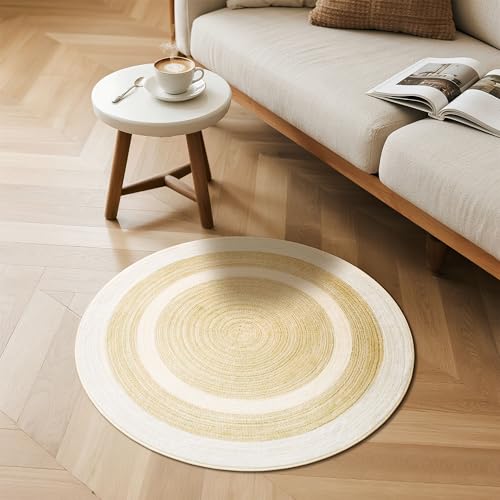 Carvapet 2 ft Round Washable Rug, Imitation Jute Low Pile Circle Carpet with Non Slip Rubber Backing, Foldable Stain Resistant Area Rug for Living Room Bedroom Office Bathroom - color: Sand, size: 2' (Round)