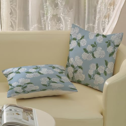 Light Blue Pillow Covers 16x16 Inch 2 Pcs Blue Green Hydrangea Flower Decor Throw Pillows Vintage Floral Seasonal Spring Summer Outdoor Decoration Pillowcase Linen Cushion Cover for Couch Sofa - color: Light Blue Hydrangea, size: 16" x 16" (Pack of 2)