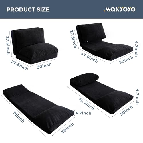 MAXYOYO Folding Sofa Bed, Extra Thick and Long Floor Sofa Convertible Chair with Washable Cover, Floor Couch Lounge Bean Bag Bed for Living Room, Black, 30"x91" - color: Black, size: Classic Single