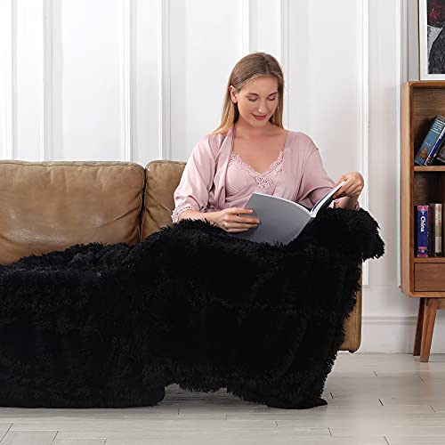 Tuddrom Decorative Extra Soft Faux Fur Throw Blanket 50" x 60",Reversible Fuzzy Long Hair Shaggy Throw Blankets, Fluffy Cozy Plush Fleece Comfy Microfiber Fur Blanket for Couch Sofa Bed, Black - color: Black, size: Throw-50" x 60"
