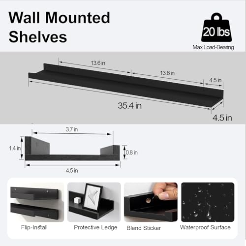 Long Floating Shelves for Wall Decor, Long Wall Mounted Storage Shelf for Bedroom, Living Room, Bathroom, Kitchen, Nursery, Display Picture Ledge Shelf with Lip Set of 2-36 Inches, Black - color: Black, size: 35.4in