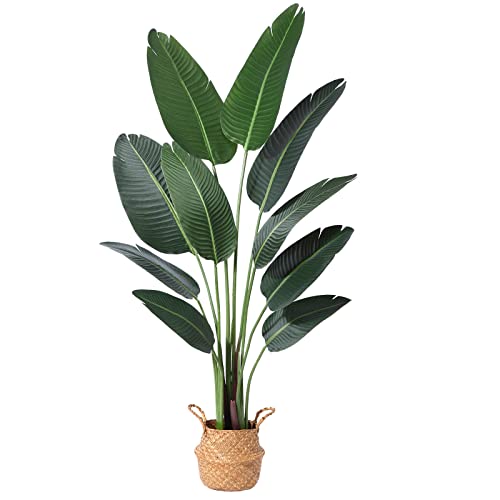 Ferrgoal 5ft Bird of Paradise Artificial Plant with 10 Trunks in Woven Seagrass Pot, Faux Tropical Tree for Indoor & Outdoor Home Décor, Green - size: 5ft
