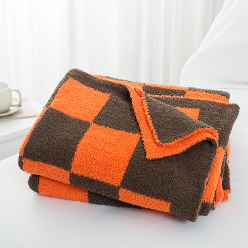 Carriediosa Checkered Throw Blanket 50" X 60", 400GSM Ultra Soft Microfiber Fuzzy Fluffy Reversible Cute Preppy Knitted Blankets Cozy Plush Fall Throws for Couch, Bed, Sofa, Burnt Orange - color: Check - Orange and Brown, size: 50" X 60"