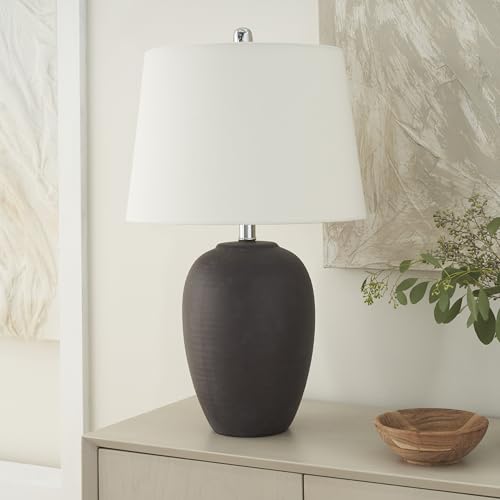 Nourison Home 23" Dark Purple Distressed Ceramic Pot Table Lamp for Bedroom, Living Room, Dining, Office, with White Shade - color: Dark Purple, size: 1 Lamp - Drum Shade