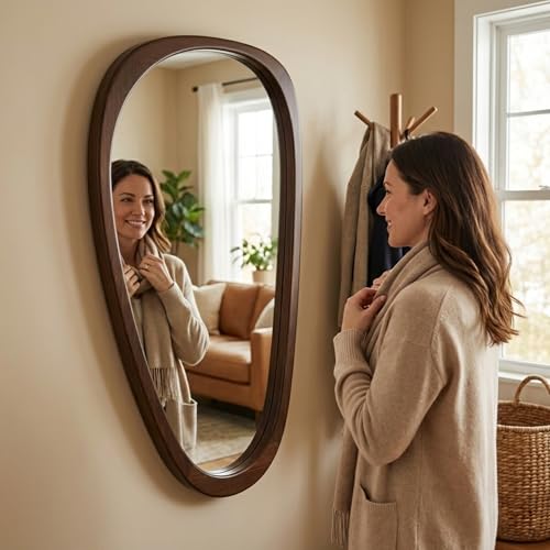 Solid Wood 48"x24" Large Full Length Irregular Mirror, Aesthetic Mid-Century Modern Statement Wall-Mounted Mirror, Modern Organic Asymmetrical Wooden Mirror, Dark Walnut - color: Dark Walnut, size: 48"L x 24"W