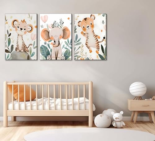 3 Pcs Safari Animals Nursery Canvas Wall Art Jungle Animals Cheetah Elephant Tiger Kids Room Illustration Pictures Wall Decor Posters Print Artwork for Classroom Boy's Girl's Room Bedroom - color: Animal-Canvas, size: 16"L x 12"W