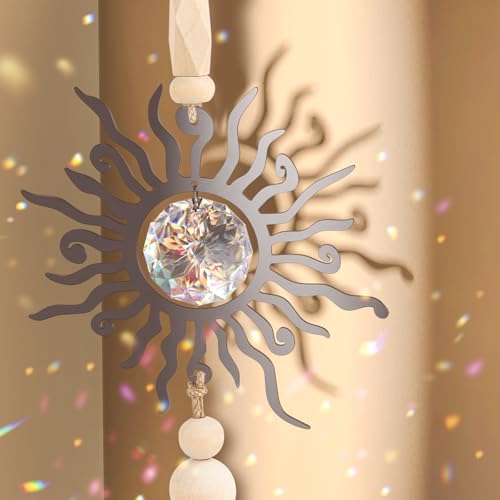 Wooden Wind Chimes with Suncatcher, Boho Hanging Windchimes Sun Catcher Home Decor, and Clear Crystal Prism - Suitable as a Gift for Mom and Women, Rainbow Maker for Windows, Porches, and Patios