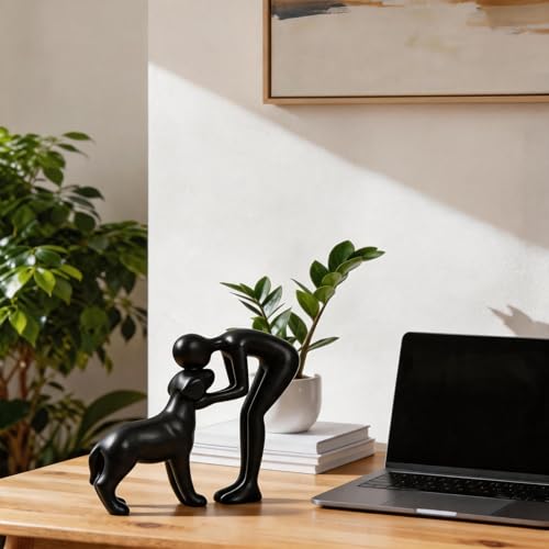 Abstract Resin Hand-Painted Sculpture of Person and Dog Bonding – Head-to-Head Intimate Figurine Decoration for Office、Living Room、Bedroom、Home， Memory Gifts for Pet Lovers (Black) - color: Black