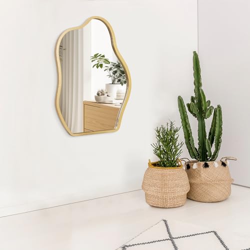 Gold Irregular Mirror for Wall Decor - Modern Asymmetrical Wooden Framed Wavy Mirror - Decorative for Living Room, Bedroom, Bathroom, Entryway - Gray - color: Gold, size: 26"L x 18"W