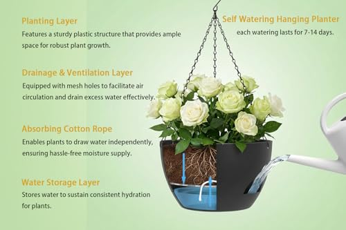 Hanging Planters 3-Pack, 8 Inch Self-Watering Hanging Pots with Drainage Hole and Chains, Plastic Planters for Indoor Outdoor（Black） - color: Black, size: 8 inches