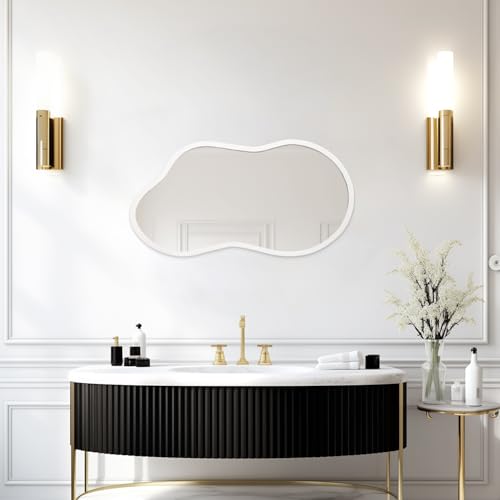 AAZZKANG Small Wall Mirror with Irregular Wood Framed Decorative White Hanging Mirrors for Bedroom Dressing Room Living Room Bathroom Entryway - color: White, size: 18"L x 10"W