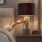 Signature Design by Ashley Jacek Contemporary Table Lamp, 2 Count, 3 Way Switch, Metal, Poly Resin and Drum Shade, 15" W x 15" D x 27.25" H, Gray & Brass Finish - color: Gold