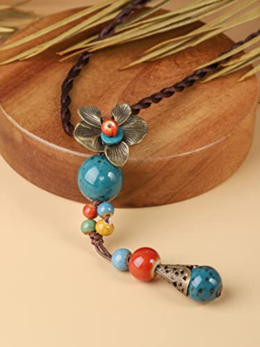 MINACHI Vintage Bohemian Colorful Ceramic Bead Antique Flower Y Necklace, Vintage Boho Hippie Statement Jewelry Gift for Women - color: S01A