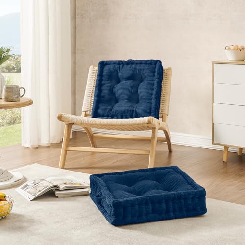 Wellsin Square Floor Pillows for Adults Kids - Meditation Floor Pillow Seating Cushion - Tufted Floor Cushion with Shredded Foam & Velvet Cover, 1 Pack, 20x20 Inch, Dark Blue - color: Navy Blue, size: 1 Pack (20"x20")