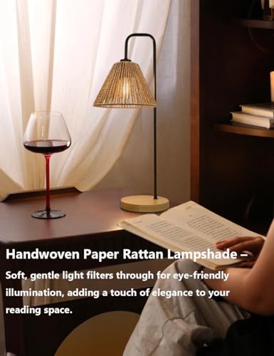 Small Bedside Night Table Lamp for Bedroom, Minimalist Nightstand Lamp with Boho Paper Rattan Shade, Study Reading Desk Lamp for Kids Room, Living Room, College Dorm, Home, Office
