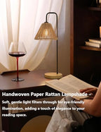 Small Bedside Night Table Lamp for Bedroom, Minimalist Nightstand Lamp with Boho Paper Rattan Shade, Study Reading Desk Lamp for Kids Room, Living Room, College Dorm, Home, Office