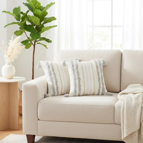 decorUhome Summer Decorative Boho Throw Pillow Cover 18x18, Accent Neutral Textured Tufted Pillow Cover Striped for Couch Bed Sofa, Light Grey and Cream White, Pack of 1 - color: Light Grey and Cream White, size: 18" x 18" (Pack of 1)