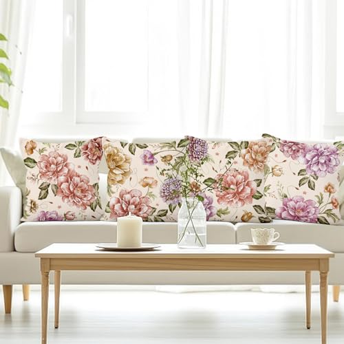 Pink Flower Throw Pillow Covers,Vintage Floral Decorative Velvet Pillow case,Rustic Flowers Pattern 4-Pack Double-Side Printed Pillowcases for Sofa Home Living Room, 16x16 in - color: Pink, size: 16" x 16" (Pack of 4)