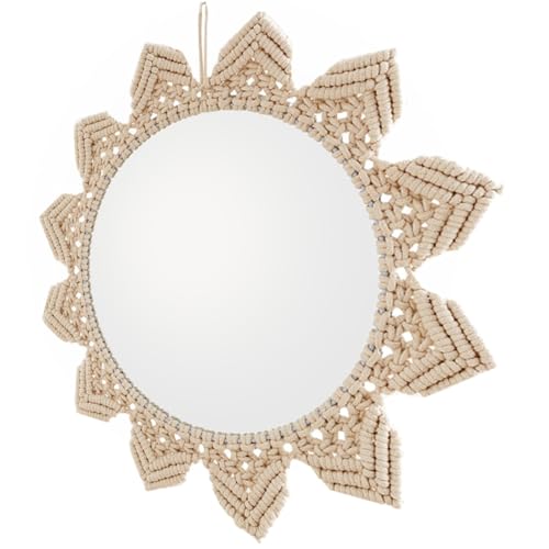 PRETYZOOM Bohemian Style Round Hanging Mirror Woven Cotton Rope Elegant Wall Decor for Bedroom Bathroom Living Unique Handmade Design for Rustic and