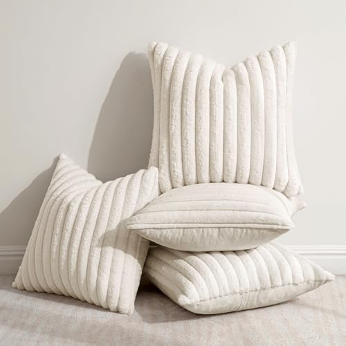 MIULEE Faux Fur Plush Decorative Throw Pillow Covers 20x20 Set of 4, Spring Modern Soft Fuzzy Striped Cushion Covers for Sofa Couch Bed Living Room Cozy Home Decor,Cream White - color: Cream White, size: 20" x 20" (Pack of 4)