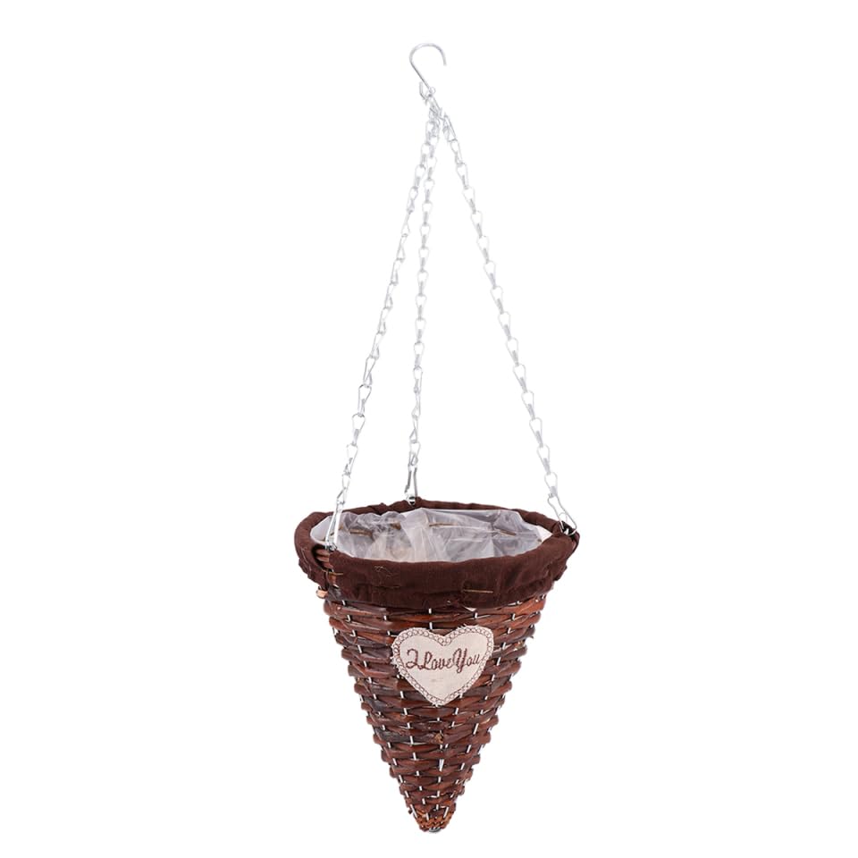 Mikikit Hanging Rattan Cone Basket Chain Wicker Wall Hanging Planter for Decor Boho Style for Flower Pots and Plants