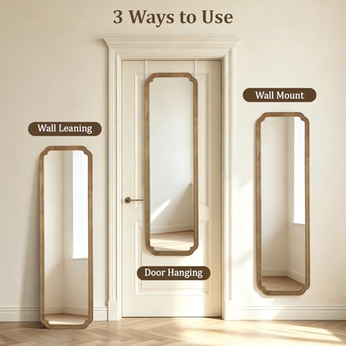 WallBeyond 48" x 14" Full Length Door Mirror with Rustic Rounded Corner Wood Frame, Over the Door Hanging Mirror for Bedroom, Closet, Dressing Area and Entryway, Natural - color: Natural a, size: 48"L x 14"W