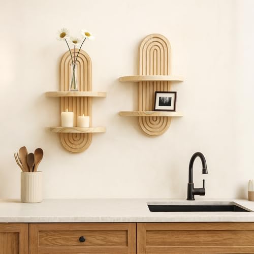 Artilady 2 Pack Shelf Wall Decor Boho Wood Floating Shelves Plant Holder 2-Tier Trinket Storage Rack Rainbow Hanging Room Decor for Home Bedroom Living Room Nursery Office - color: 2 Beige