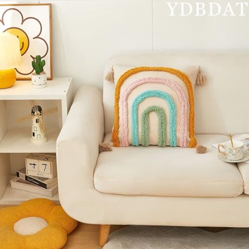 Set of 2 Boho Rainbow Decorative Textured Throw Pillow Covers 18x18 Farmhouse Colorful Tufted Pillow Covers with Tassels Woven Cushion Case for Sofa Bed Living Room Hallowmas Champagne - color: Champagne, size: 18" x 18" (Pack of 2)