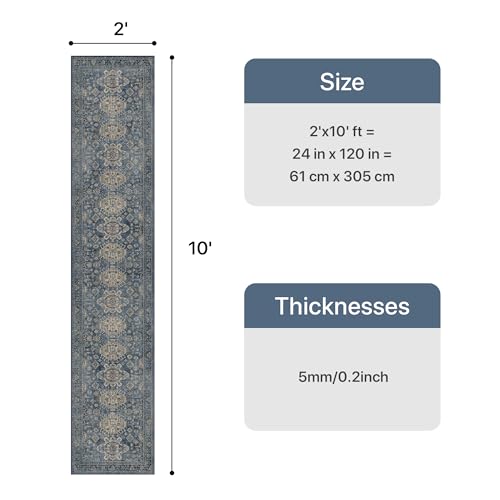 Bavni Washable Runners for Hallways 2X10, Ultra-Thin Non Slip Long Runner Rug, Print Vintage Aesthetic Carpet Runner, Low Pile Rugs for Kitchen Porch Bedroom, Blue - color: Blue, size: 2' x 10' (Rectangular)