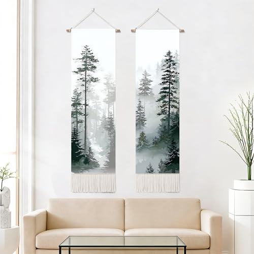 seewan 2 Pack Long Vertical Wall Tapestry, Boho Nature Landscape & Floral Aesthetic Wall Hanging for Bedroom Living Room Home Decor, Long Narrow Art Tapestry with Sunrise Mountain Botanical Designs, 13" × 51" (Foggy Pine Silhouette, 13"Wx51"H, Unframed) -