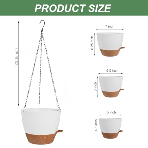 3 Pack Hanging Planter Indoor Outdoor Flower Pots 7/6.5/5 Inch, Self-Watering Hanging Pot with Drainage Holes Hanging Baskets Holder Plant Pots for Garden (White) - color: White, size: 7/6.5/5 Inch