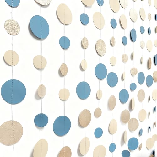 Champagne Gold Dusty Blue Beige Circle Dot Garland Hanging Paper Polka Dot Streamer for Men Boy Birthday Baby Shower Wedding Bridal Shower Retirement Engagement Bachelorette Party Decorations Supplies - color: Dusty Blue Champagne