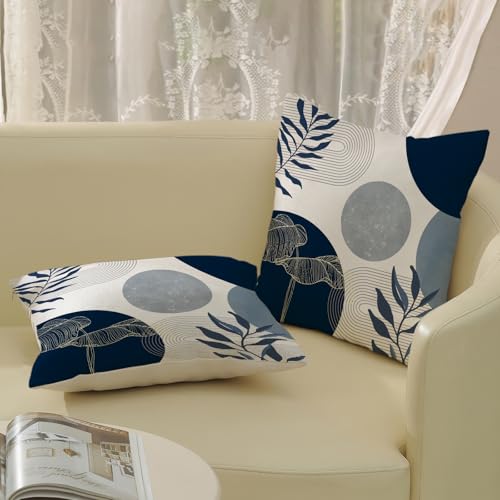 Boho Pillow Covers 18x18 Inch Set of 2 Mid Century Navy Blue Throw Pillow Covers Outdoor Decor Modern Abstract Tropical Leaf Pillowcase Farmhouse Decorative Square Cushion Cover For Sofa Couch - color: Boho-navy Blue-b, size: 18" x 18" (Pack of 2)