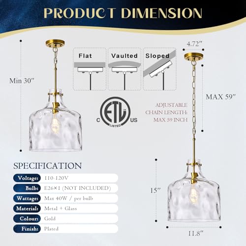 12" Farmhouse Pendant Light, Hand-Blown Clear Hammered Glass Hanging Light Fixture with Brass Gold Finish, Adjustable Chain Ceiling Light for Kitchen Island, Dining Room, Hallway, E26 Socket - color: Chain Gold